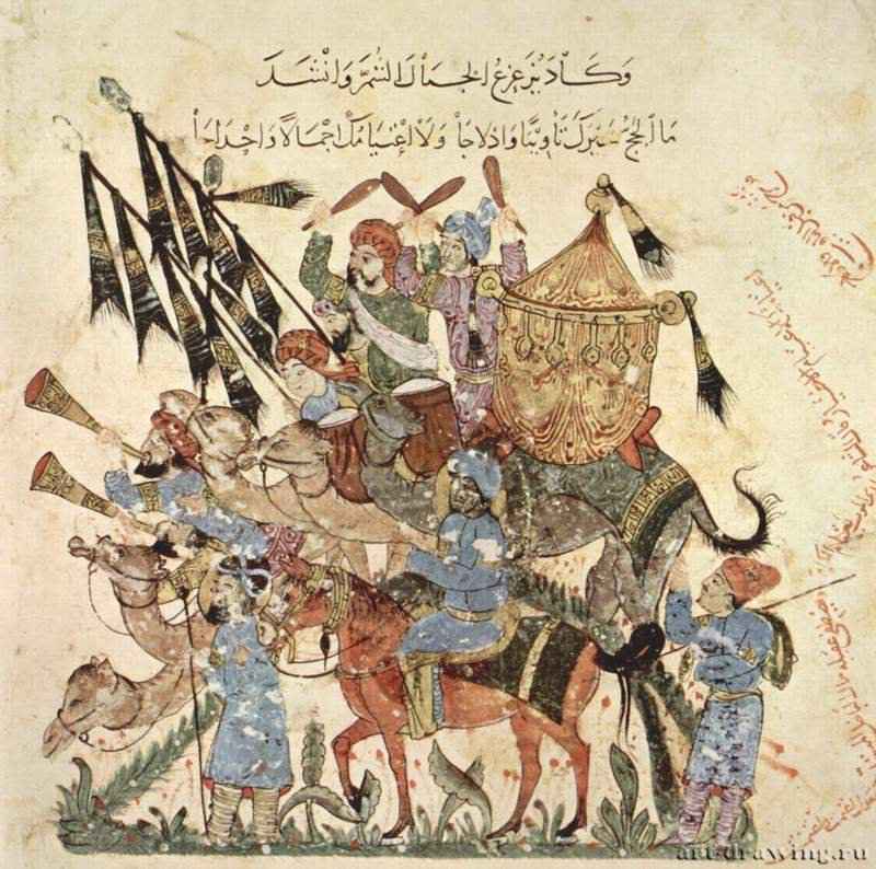 Макам аль-Харири, караван паломников (тридцать первый макам). 1237 - 25,3 x 26,7 см Бумага Ближний Восток Париж. Национальная библиотека Книжная миниатюра